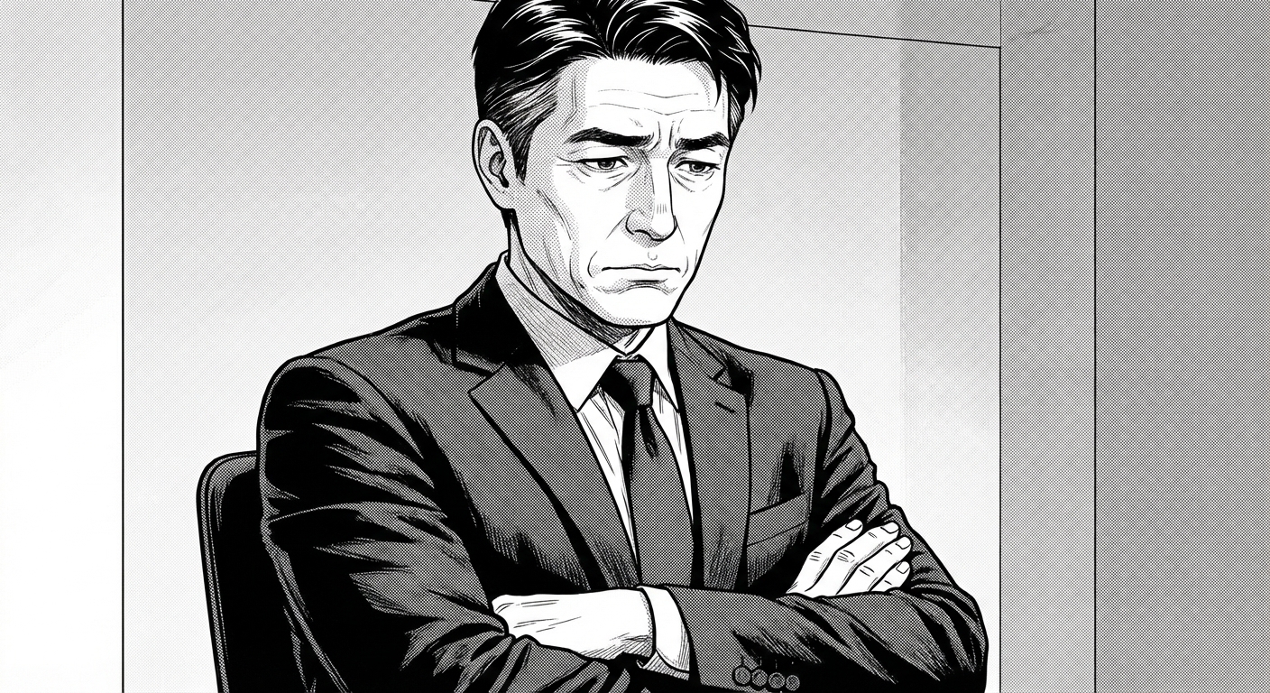 손님 팔짱 끼고 깊은 생각에 잠김