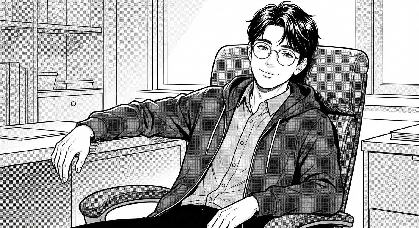 태오아빠 의자에 기대앉아 자신감 있는 미소